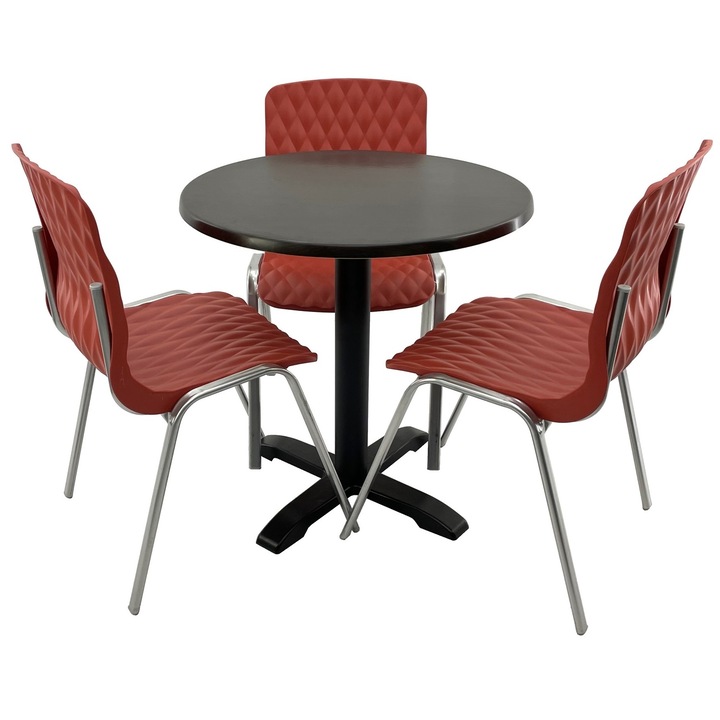 Set mobila terasa/cafenea RAKI, masa rotunda D70cm cu blat Werzalit New Wenge si picior din metal negru, 3 scaune Royal rosii 50x52xh83cm din plastic cu picioare metalice