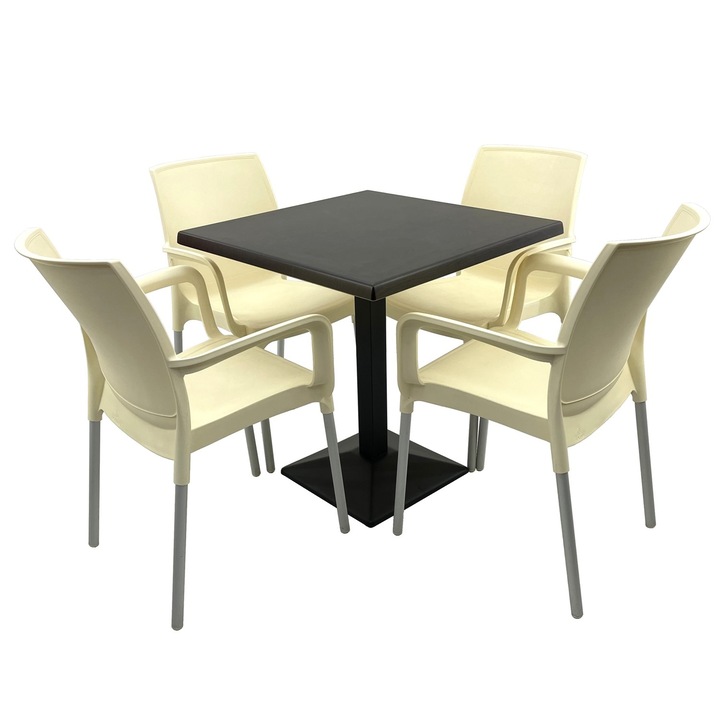 Set bistro de exterior RAKI, masa patrata 70x70cm cu blat Werzalit New Wenge si baza din metal neagra, 4 scaune Sunset crem 55x58xh82cm din plastic cu picioare aluminiu