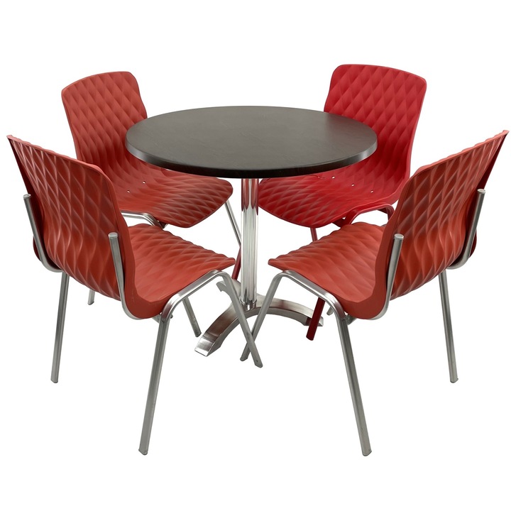 Set mobila terasa/cafenea RAKI, masa rotunda D80cm cu blat Werzalit New Wenge si picior aluminiu, 4 scaune Royal rosii 50x52xh83cm din plastic cu picioare metalice