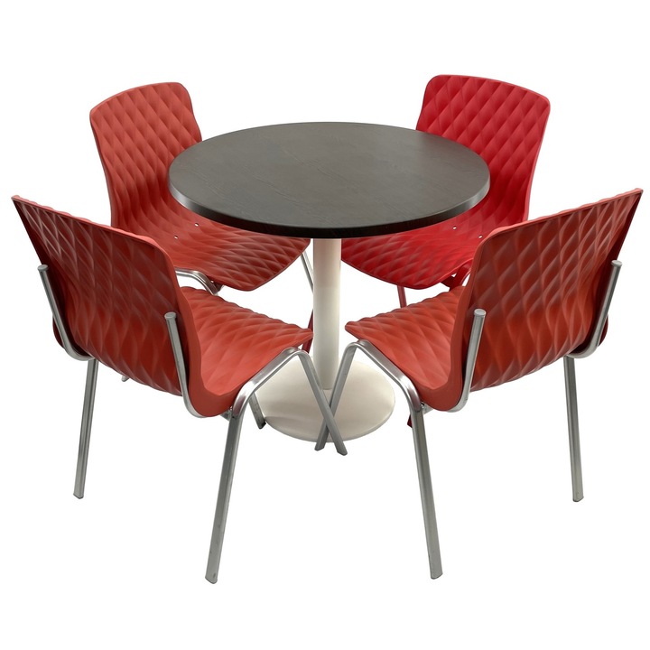 Set mobila terasa/cafenea RAKI, masa rotunda D80cm cu blat Werzalit New Wenge si picior metalic alb, 4 scaune Royal rosii 50x52xh83cm din plastic cu picioare metalice