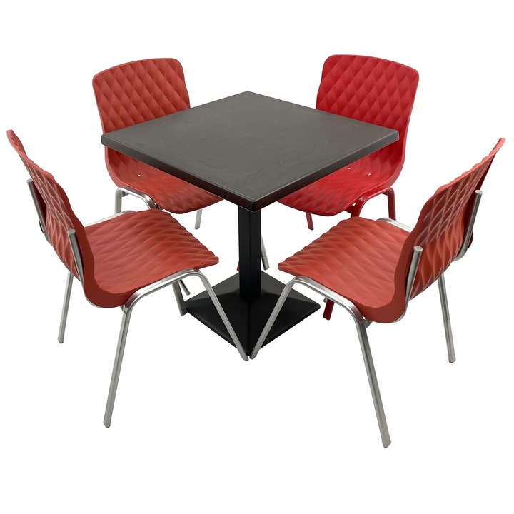 Set mobila terasa/cafenea RAKI, masa patrata 70x70cm cu blat Werzalit New Wenge si baza din metal neagra, 4 scaune Royal rosii 50x52xh83cm din plastic cu picioare metalice