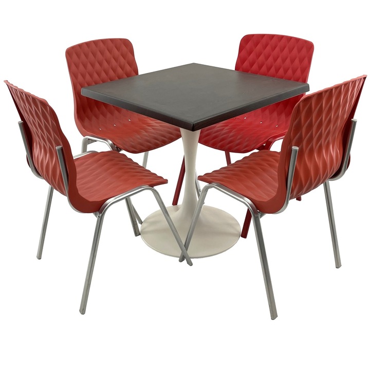 Set mobila terasa/cafenea RAKI, masa patrata 70x70cm cu blat Werzalit New Wenge si baza metalica alba, 4 scaune Royal rosii 50x52xh83cm din plastic cu picioare metalice
