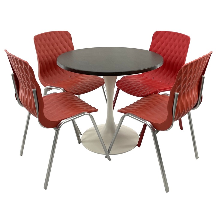 Set mobila terasa/cafenea RAKI, masa rotunda D80cm cu blat Werzalit New Wenge si baza metalica alba, 4 scaune Royal rosii 50x52xh83cm din plastic cu picioare metalice