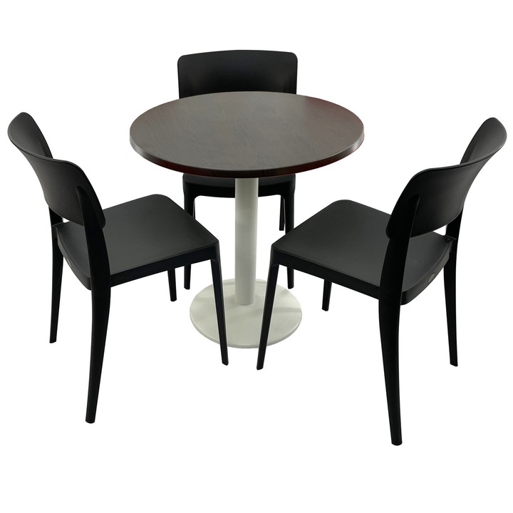 Set mobila terasa/cafenea RAKI, masa rotunda D70cm cu blat Werzalit New Wenge si picior metalic alb, 3 scaune Pano negre 47,1x51,1xh81,9cm din plastic