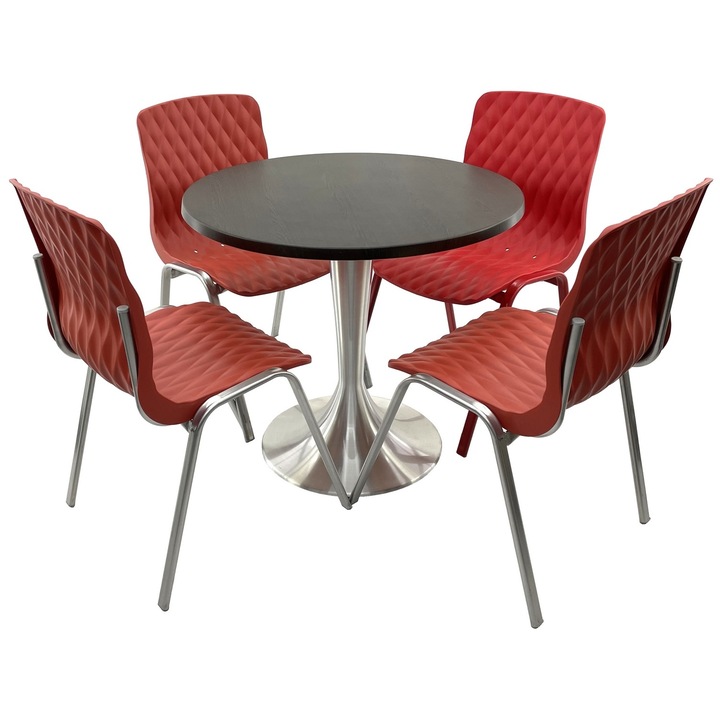 Set mobila terasa/cafenea RAKI, masa rotunda D80cm cu blat Werzalit New Wenge si baza din aluminiu, 4 scaune Royal rosii 50x52xh83cm din plastic cu picioare metalice