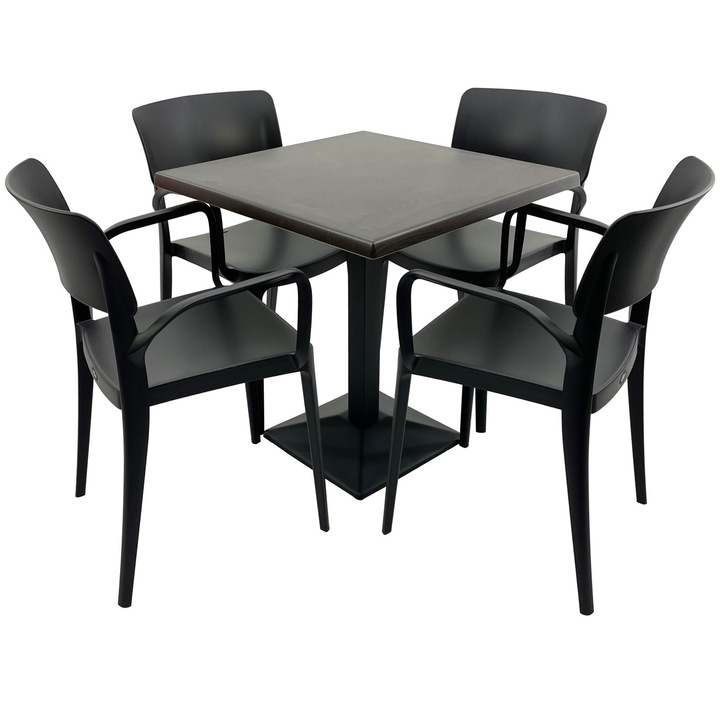 Set mobila terasa/restaurant RAKI, masa patrata 70x70cm cu blat Werzalit New Wenge si baza din metal neagra, 4 scaune cu brate Panora negre 54,5x51xh81,9cm din plastic