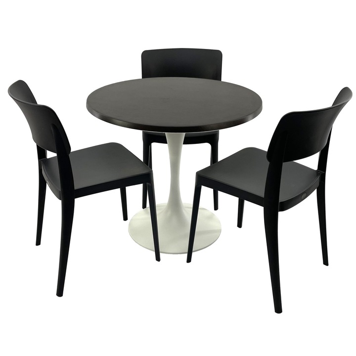 Set mobila terasa/cafenea RAKI, masa rotunda D70cm cu blat Werzalit New Wenge si baza metalica alba, 3 scaune Pano negre 47,1x51,1xh81,9cm din plastic