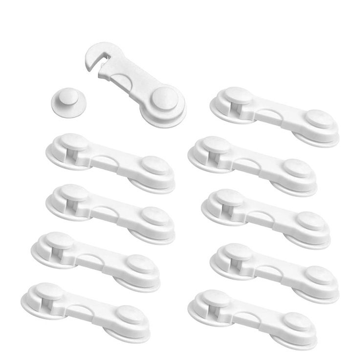Set 10 blocatoare dulapuri copii, plastic alb, adeziv puternic