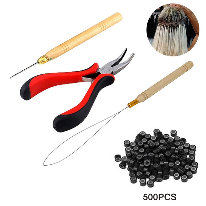 Set de Unelte pentru Extensii de Par, negru, 1 Cleste, 2 Ace, 500 Bucle de Silicon