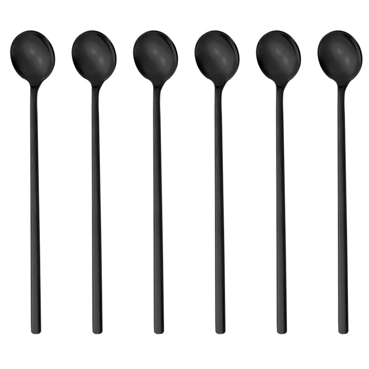 Set 6 linguri lungi pentru cafea, inox, negru, potrivite pentru toate varstele