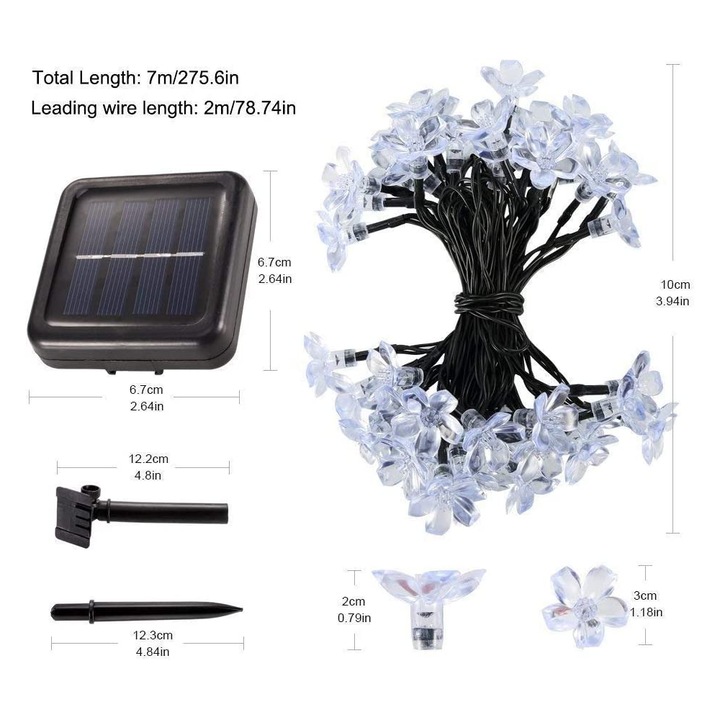 Sir luminos cu lanterne solare, 50 LED-uri in forma de floare de piersic, rezistent la apa, roz, pentru decor gradina