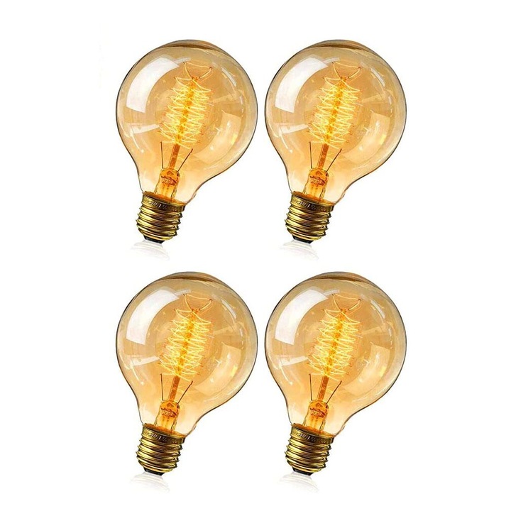 Комплект от 4 ретро крушки Edison, 40W, E27, кехлибарено стъкло, топло осветление, комплект крушки
