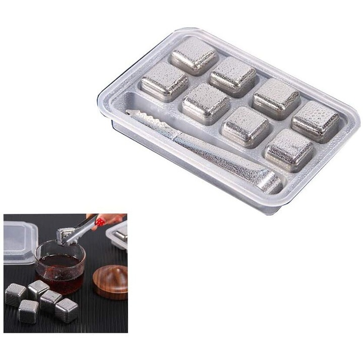 Forma cuburi de gheata, inox, cu cleste si cutie de depozitare, argintiu