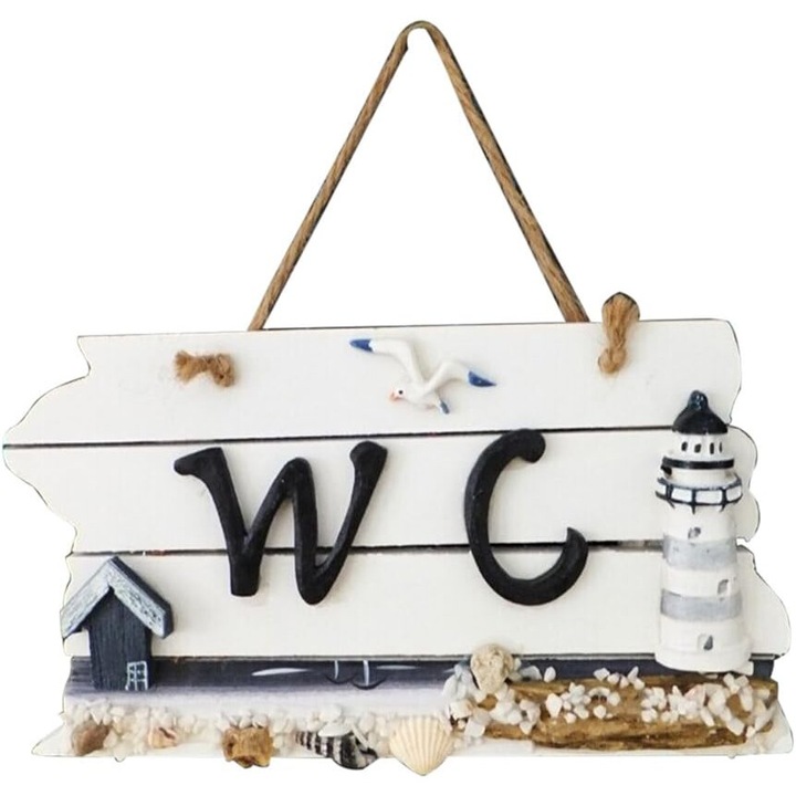 Placa decorativa pentru usa baie, tematica nautica, lemn, 21.5x11.5cm