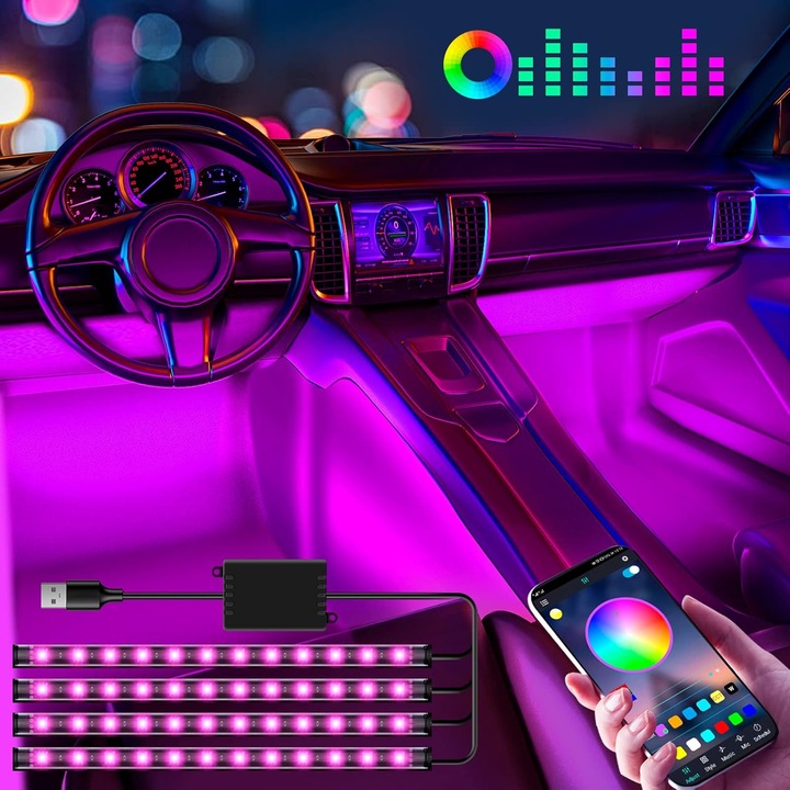Kit de iluminare ambientala multicolor, AMRINUGL, LED RGB pentru interior auto, sincronizare dinamica cu muzica, control prin aplicatie, instalare usoara