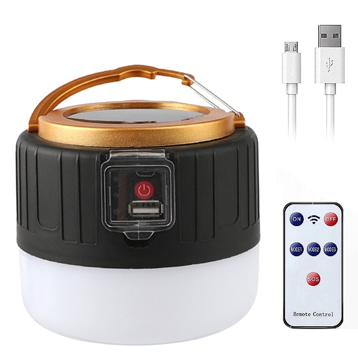 Lanterna camping LED solara KkvoGmle, reincarcabila, 3 moduri iluminare, negru/alb, 12x11.9x11.7cm