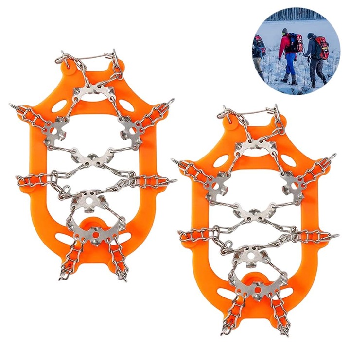 Crampoane antiderapante cu 19 dinti, Inox/TPE, pentru catarare pe gheata, Portocaliu, XL