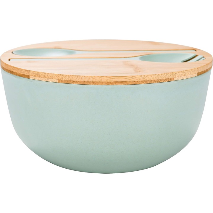 Bol pentru salata, fibra de bambus, cu capac si ustensile, 25 x 13 cm, albastru/maro