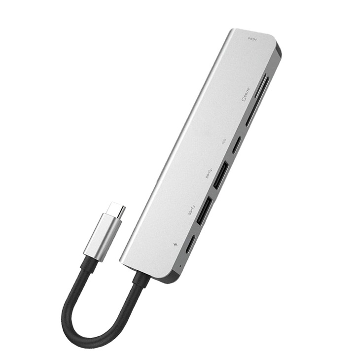 USB-C докинг станция 6 в 1, алуминий, USB 3.0 трансфер на данни, SD/TF четец на карти, двоен HDMI, сребрист