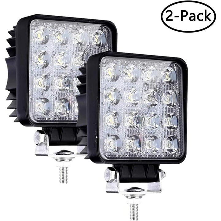 Set 2 lumini de lucru LED, 48W, negru, pentru masina, tractor, camioane offroad, SUV, ATV, barca de 4 inci