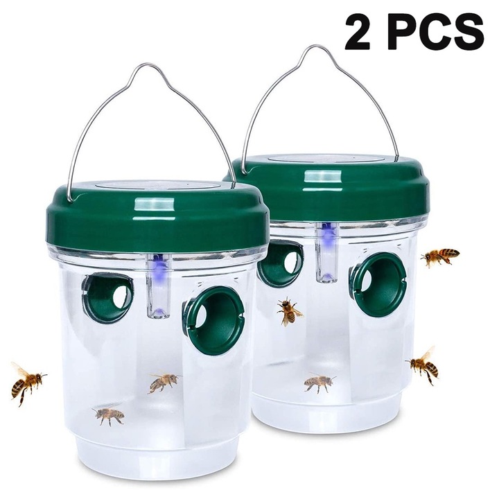 Set 2 capcane viespi, verde, 9.2x12cm, cu panou solar si lumina LED UV