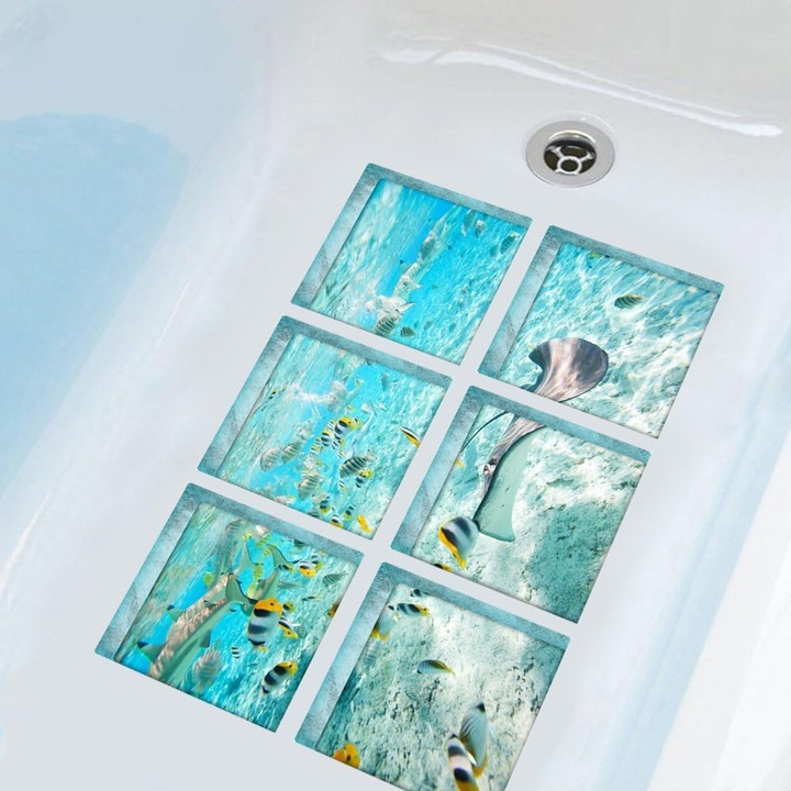 Autocolante antiderapante pentru trepte de baie HERUSI, 6 buc, 14, 5x14, 5cm, design patrat, impermeabil