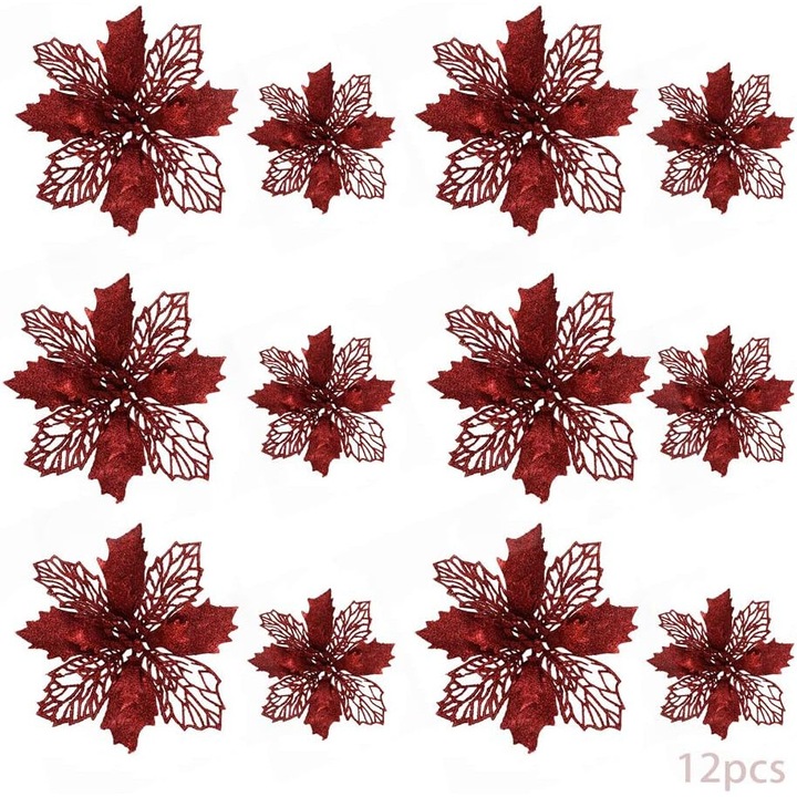 Set 24 flori artificiale cu sclipici pentru Craciun, rosii, 9cm