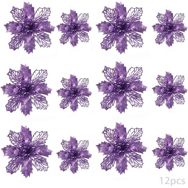 Set 24 flori artificiale cu sclipici pentru Craciun, mov