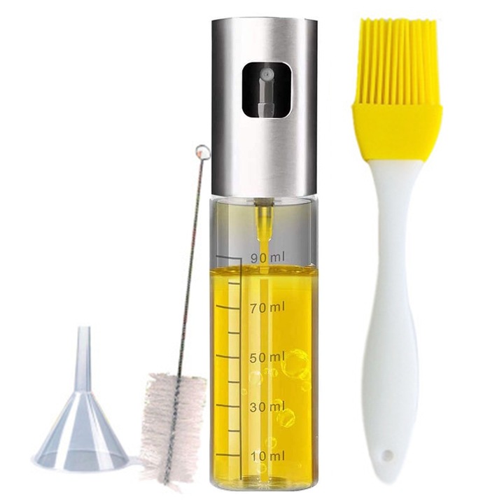 Sticla spray pentru ulei, set 1x100 ml, perie silicon, perie curatare, palnie, inox si sticla, 4 cm x 18 cm