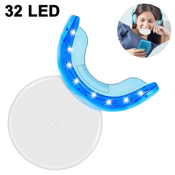 Kit de albire a dintilor Bizaical, 32 LED, alb-rosu, pentru dinti sensibili, incarcabil