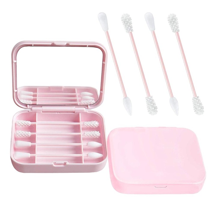 Set 4 betisoare curatare reutilizabile, silicon, cutie cu oglinda, 7.7 x 6.3 x 1.6 cm, roz/alb