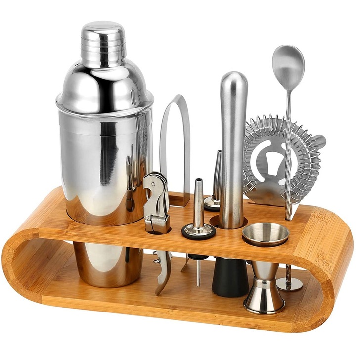 Set 10 piese pentru cocktail cu suport bambus, Inox, 750ml, Argintiu/Maro