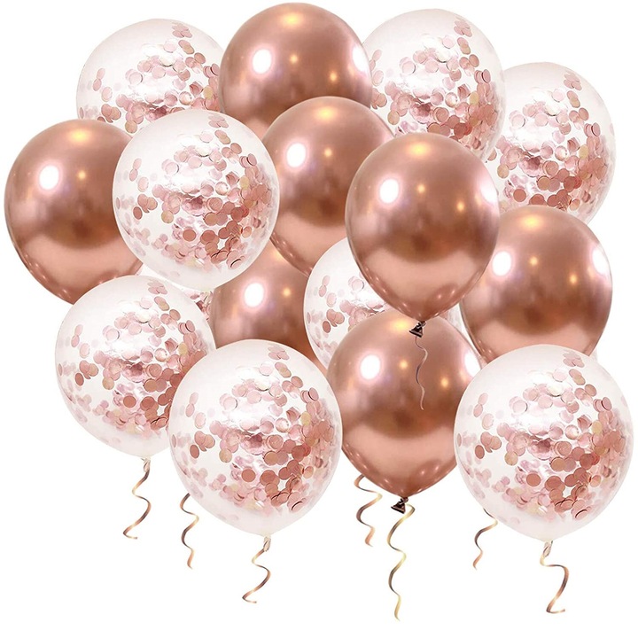Lufi szett, Rose Gold Konfetti, Prémium Latex, 60 db, Partikra, Esküvőre, Évfordulóra, Szalaggal