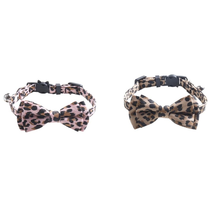 Set 2 Zgarzi pentru Pisici cu Clopotel si Papion, Ajustabile, Maro si Roz Leopard, 28cm