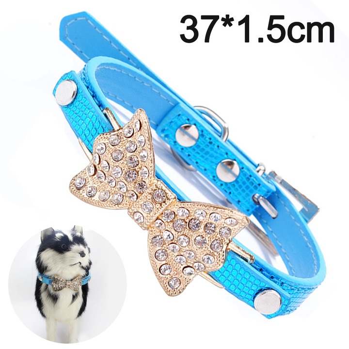 Zgarda pentru animale de companie, design cu fundita stralucitoare, albastru, ajustabil