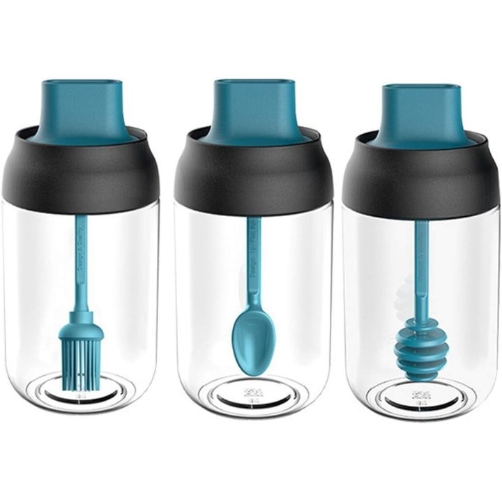 Set de recipiente pentru condimente, Enforose, sticla transparenta, rezistente la caldura, cu lingurita si capac, 6 piese