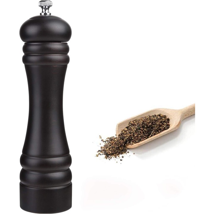 Rasnita pentru piper, lemn natural, mecanism de precizie, grosime ajustabila, negru, 20cm