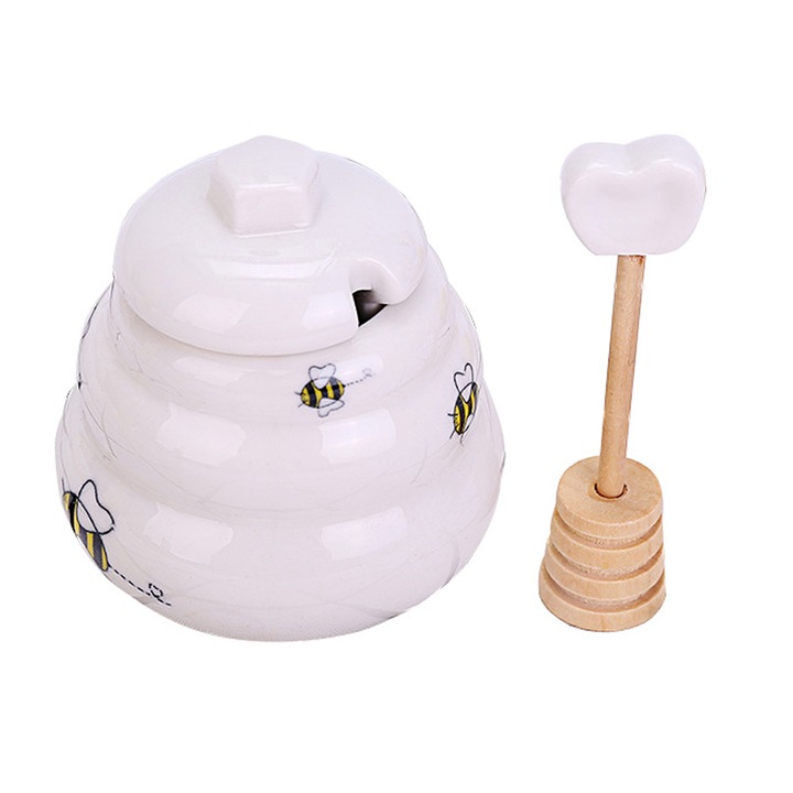 Mézes tégely, Porcelán fakanállal, Kaptár kivitel, Többszínű