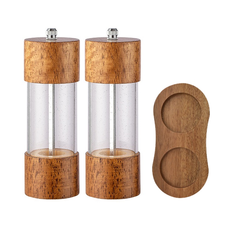 Set de rasnite pentru sare si piper, acrilic si lemn, 6 inch, 2 piese cu suport