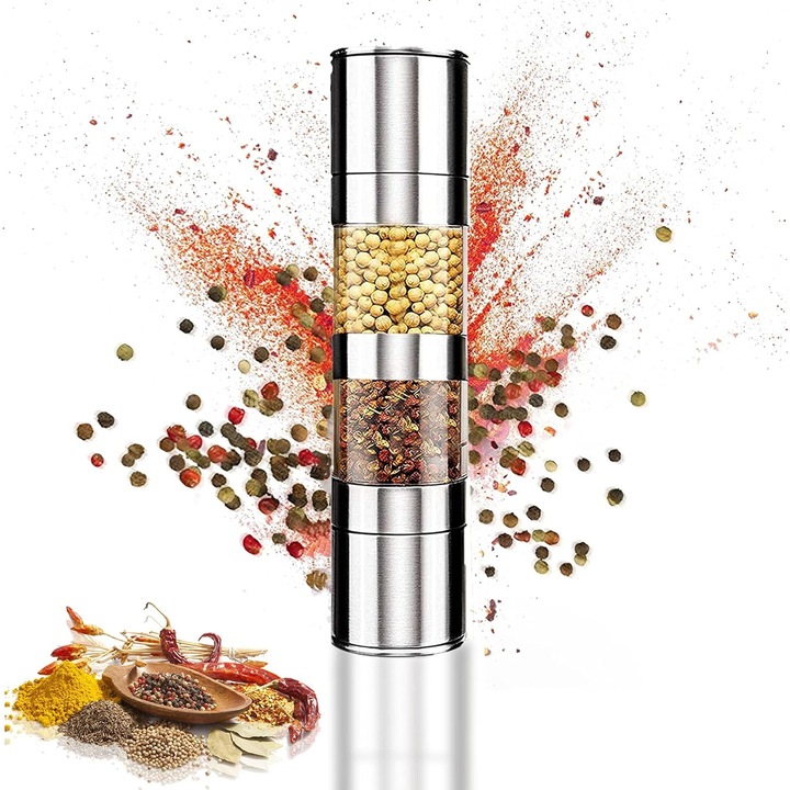 Rasnita 2-in-1 pentru sare si piper, Enforose, otel inoxidabil, design compact, usor de umplut