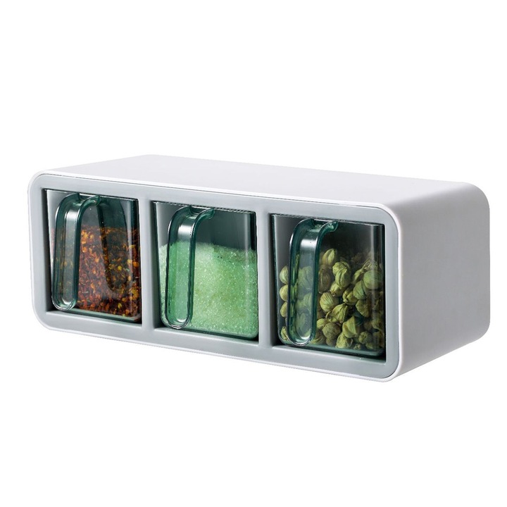 Set 3 recipiente pentru condimente din plastic cu capac si lingurita, montare orizontal/vertical, alb/verde, 29.7 x 11 x 11 cm