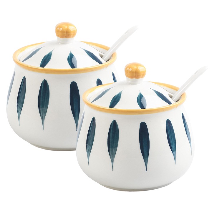 Bol ceramic pentru zahar 350ml cu capac si lingurita alb 11x8.5cm