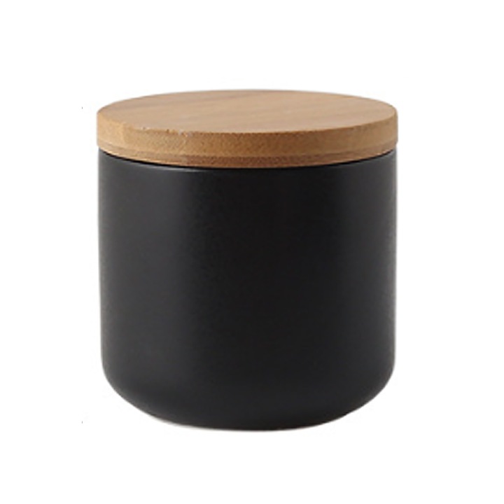 Borcan ceramic cu capac din bambus, recipient pentru depozitarea alimentelor, ceramica de inalta calitate, negru, 260 ml, Enforose