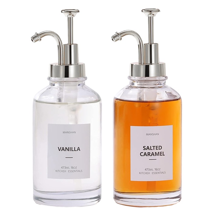 Set 2 sticle pentru siropuri si arome cafea, Sticla, Argintiu, 500 ml