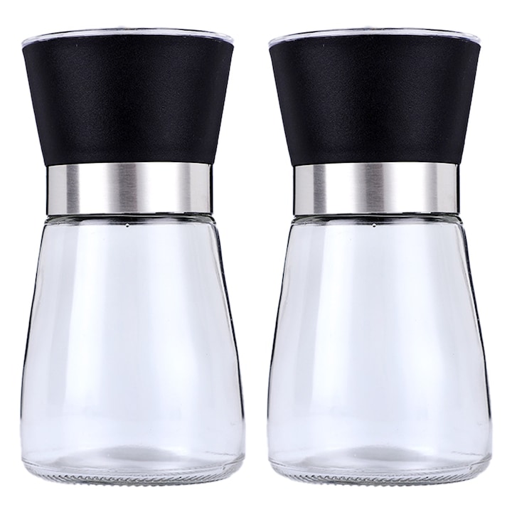 Set de rasnite pentru sare si piper, 180ml, 200ml, inox, sticla, negru, transparent, 2 piese