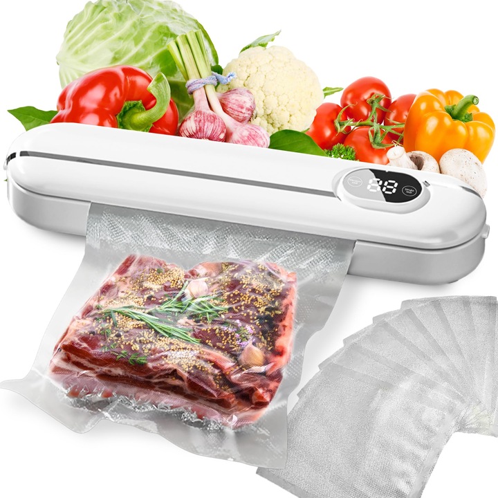 Прахосмукачка, 120W, прости режими запечатване/вакуумиране, компактен дизайн, бяла, 36x7.5x5.8cm, включва 10 торби