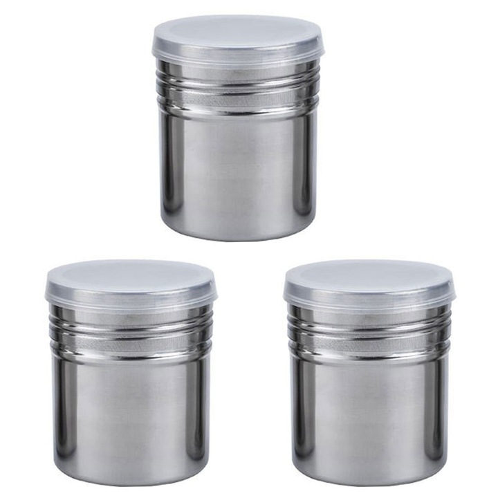 Set 3 recipiente pentru zahar pudra, inox, 6.5x7.7cm, argintiu, 250ml