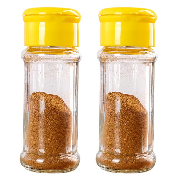2 db 80ml-es fűszeres üveg készlet, üveg, műanyag fedél, sárga/átlátszó