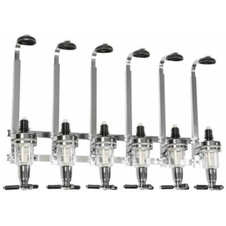 Dispenser de bauturi pentru 6 sticle montat pe perete, aluminiu, 43ml, argintiu/negru, 55x11.5x36cm