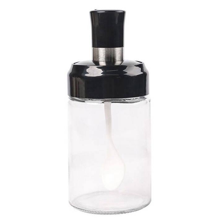 Borcan condimente cu lingura si capac, sticla transparenta, 14.5x6.2 cm, set